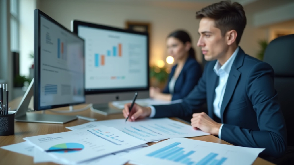 Profesjonalny analityk finansowy pracujący przy biurku z dokumentami i kalkulatorem, analizujący dane
