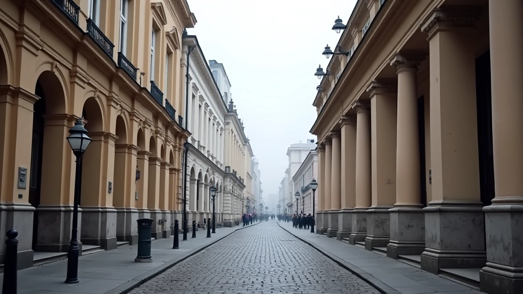Stara warszawska ulica z budynkami banków, architektura XIX wieku, wąskie uliczki i historyczne fasady