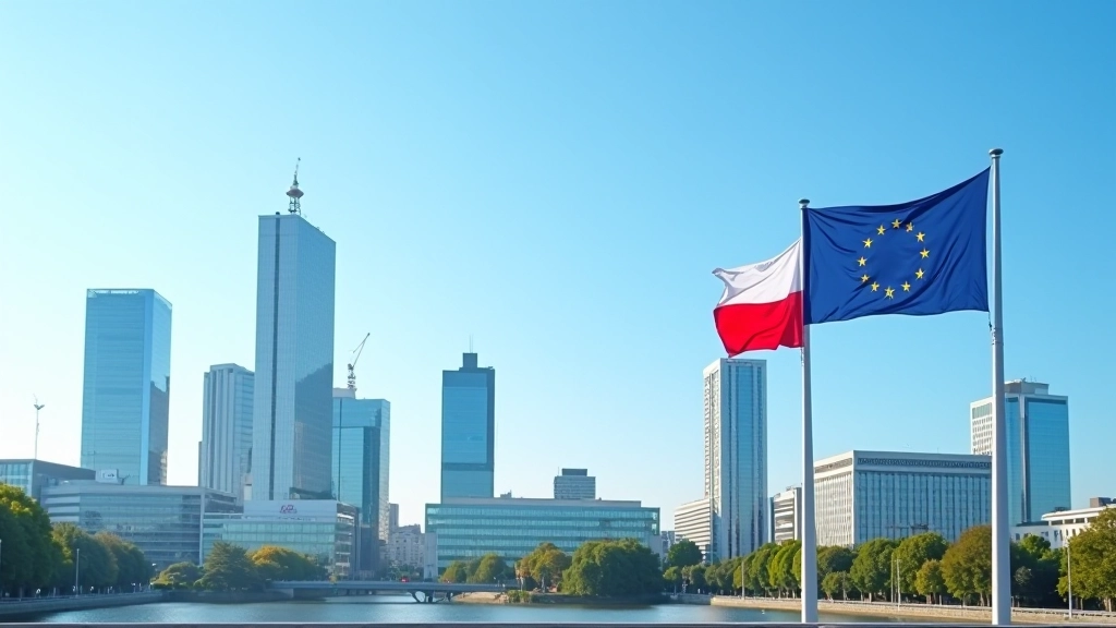 Nowoczesne warszawskie wieżowce biurowe z flagami polskimi i unijnymi