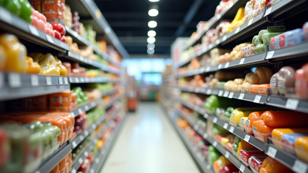 Sklepowe półki z produktami spożywczymi i cenami, pokazujące różne etapy wzrostu cen