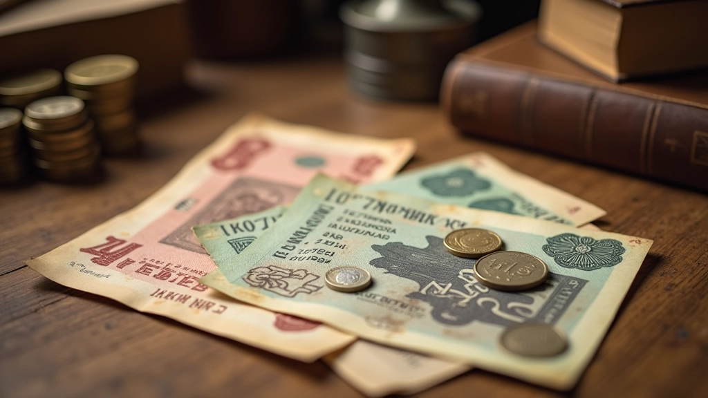 Stare banknoty polskie i monety leżą na biurku obok starych dokumentów finansowych